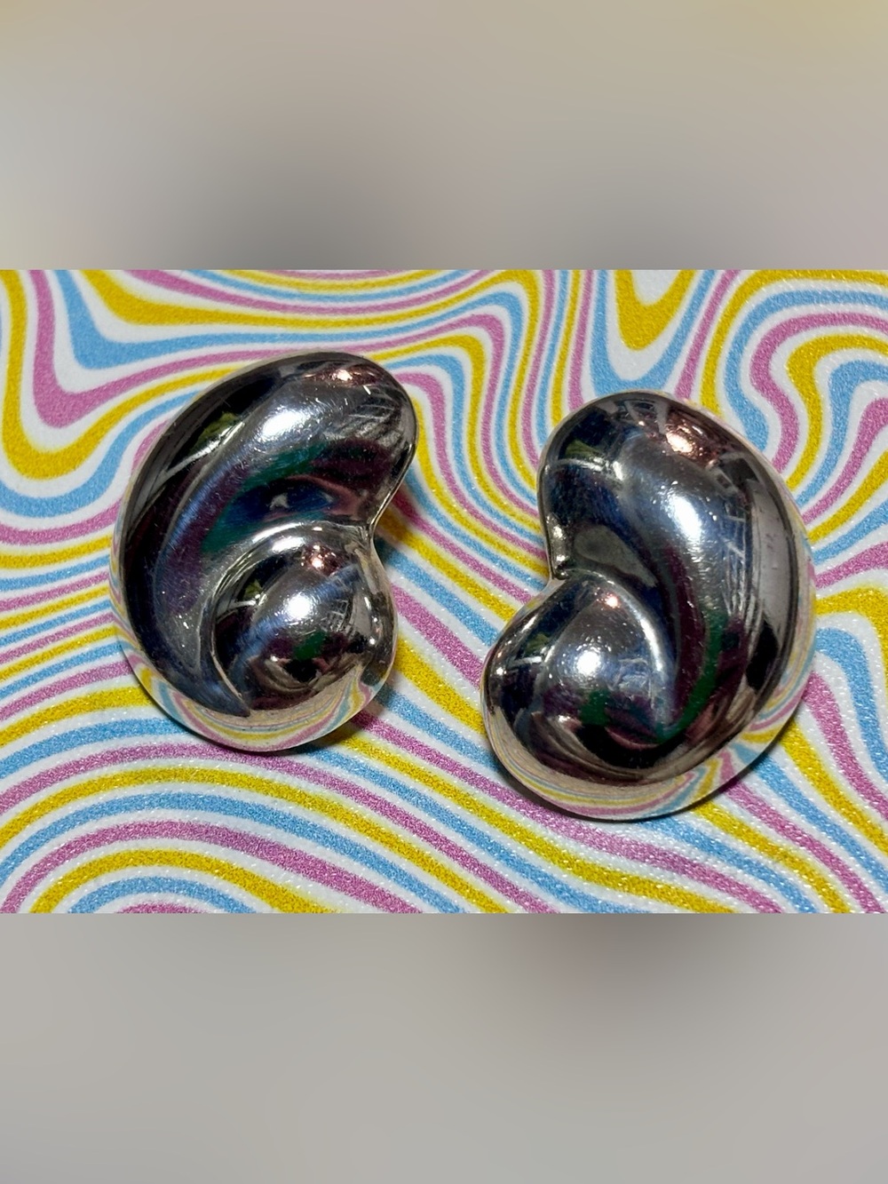 Vintage Taxco 925 Solid Sterling Silver Abstract Bean Clip-On Earrings - Picture 2 of 10